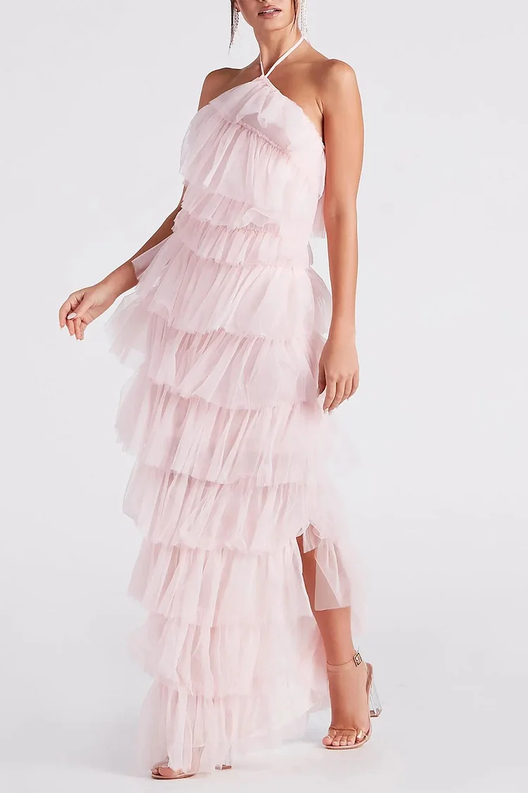 Semi Formal Pink Mesh Tiered Halter Maxi Dress