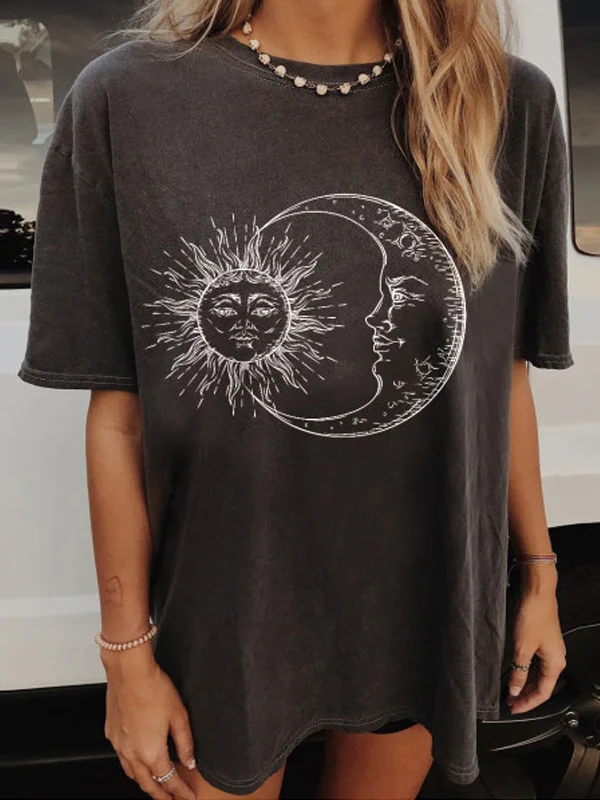 Casual Sun Moon Print Long Tee