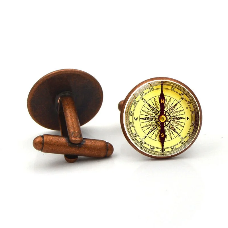 French Shirt Cufflinks Men's Compass Business Button Metal Glass Exquisite High Quality Luxury Simple Classic Cuff Link Gifts