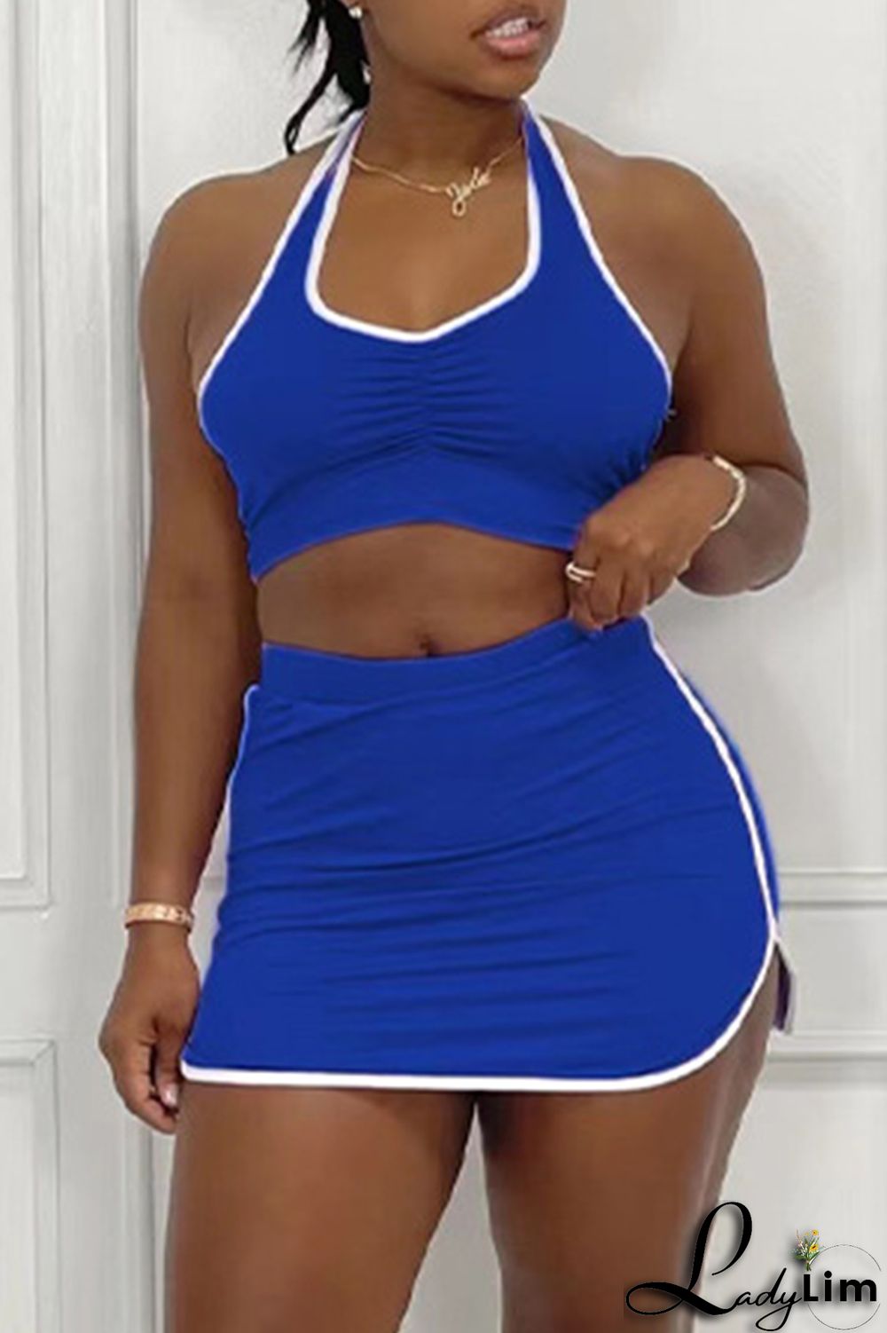 Orange Sexy Casual Solid Patchwork Backless Halter Sleeveless Two Pieces