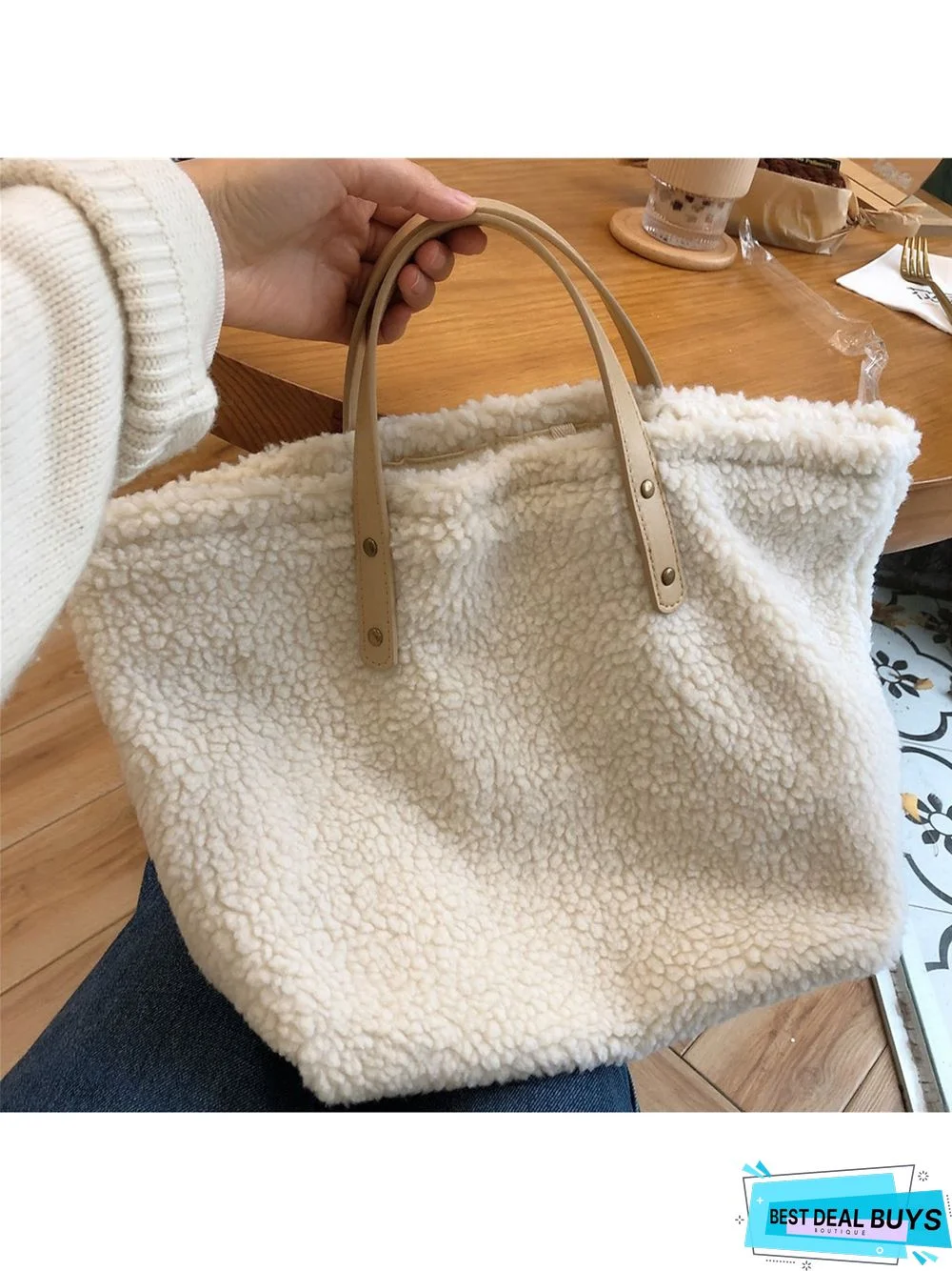 Pure Color Lambswool Large Capacity Handbag