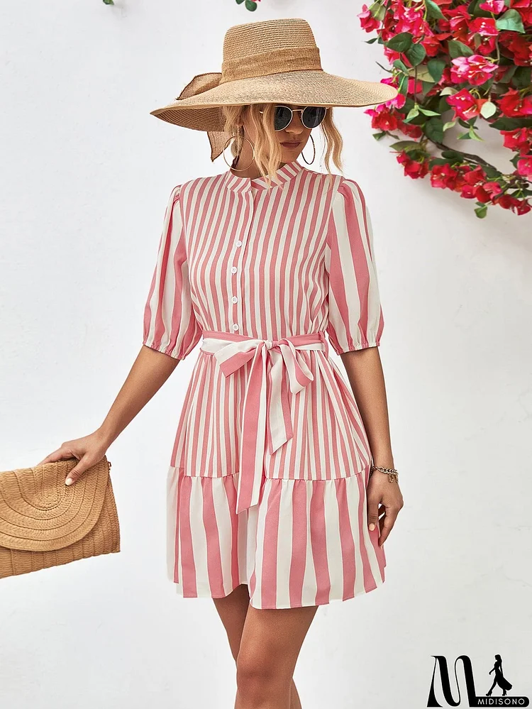 Striped Half Sleeve Tie Waist Mini Dress