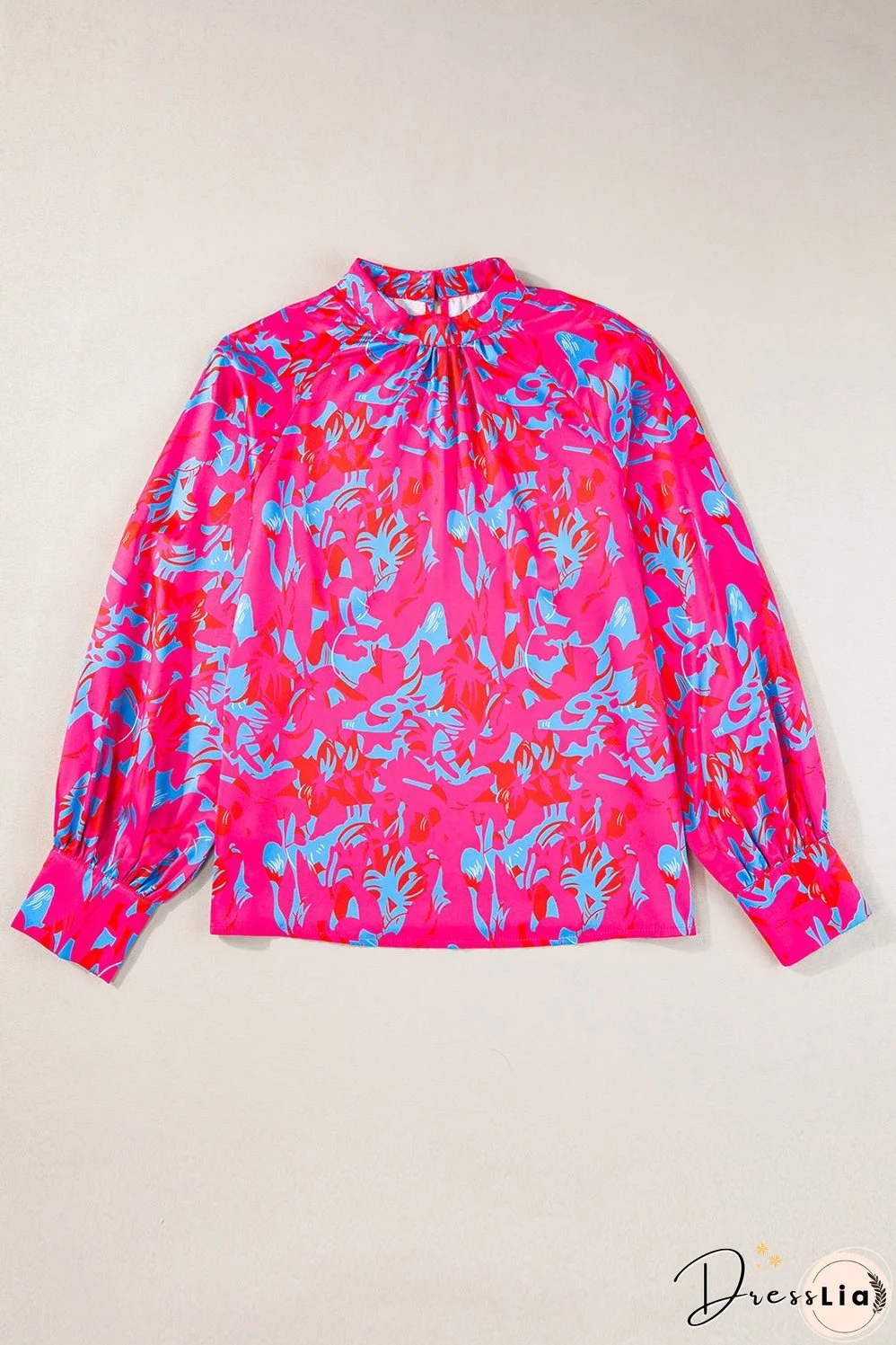 Purple Printed Bubble Sleeve Mock Neck Blouse