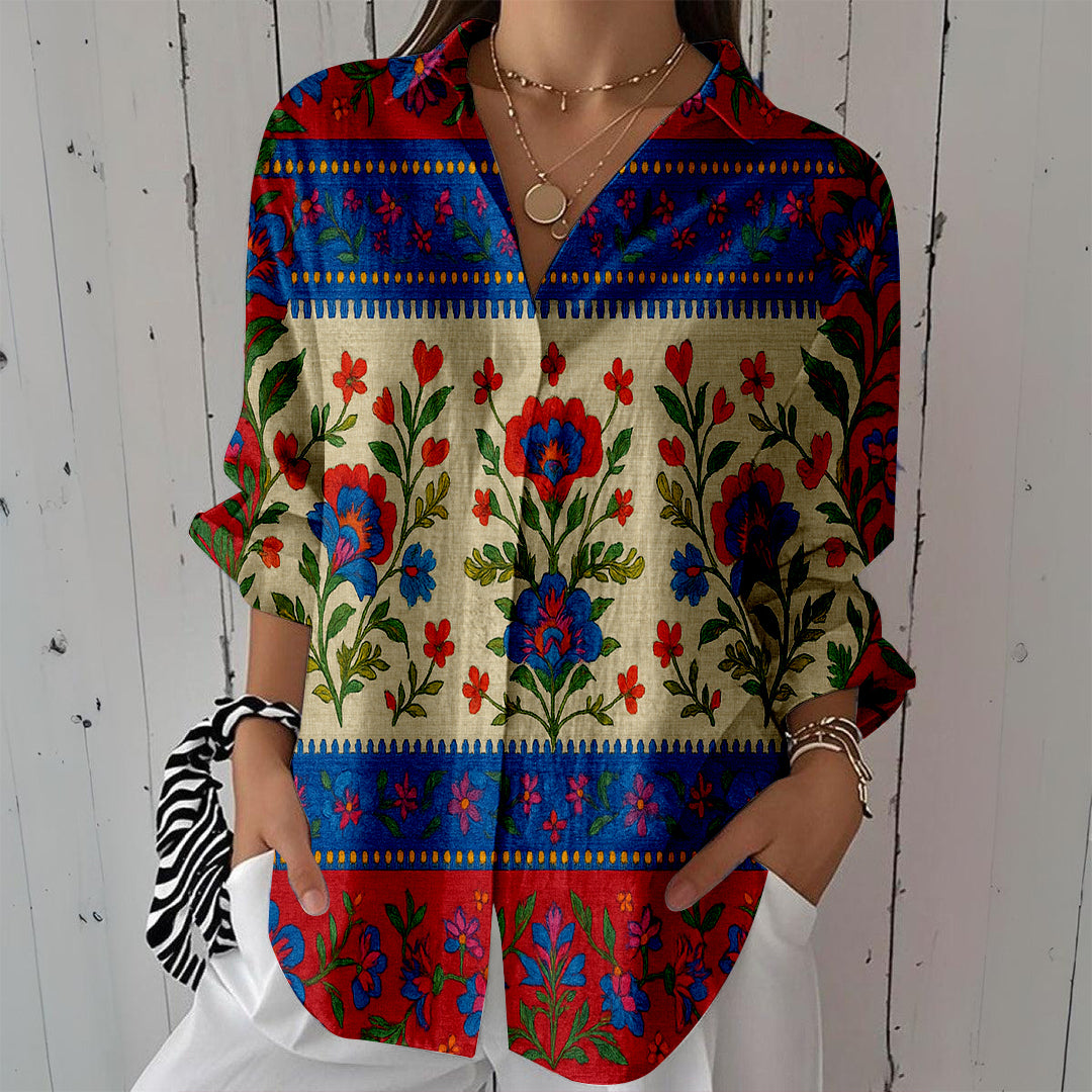 Women Long Sleeve V-neck Graphic Floral Printed Top