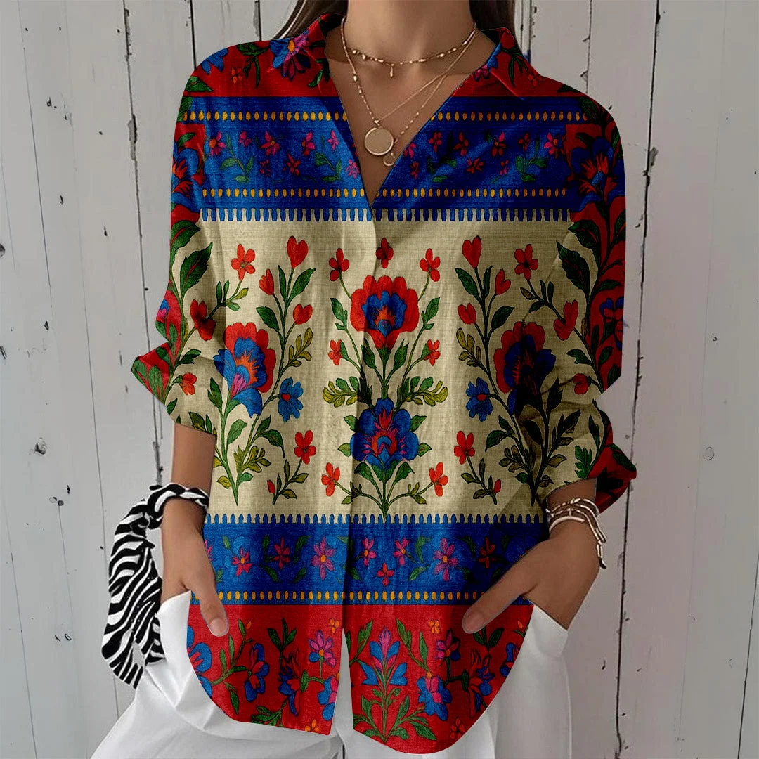 Style & Comfort for Mature Women Women Floral, Red, Blue DZCL0198 3/4 Sleeve Shirt Collar Printed Button Tops