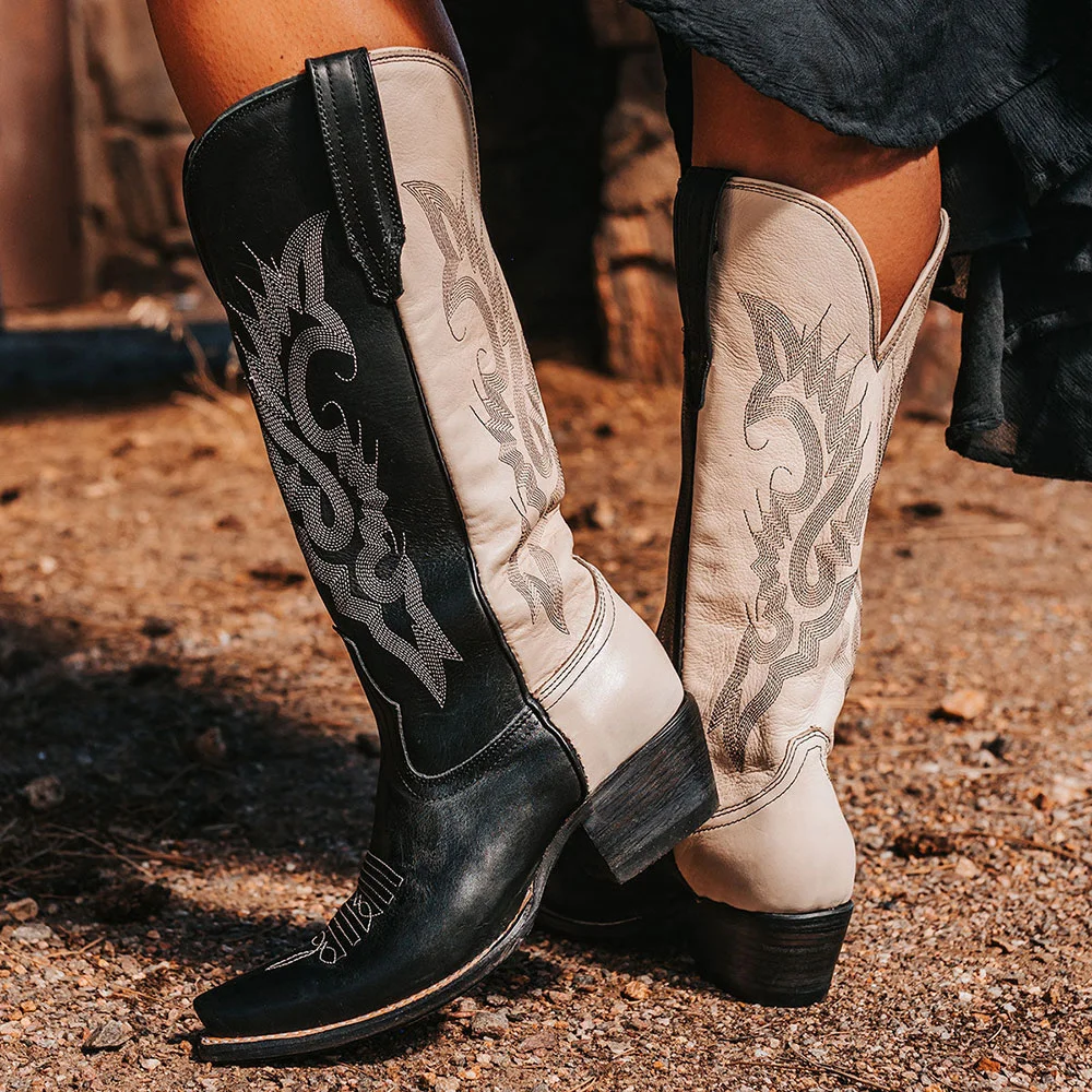 Black & White Vegan Leather Snip Toe Wide Calf Embroidered Cowgirl Boots With Chunky Heels Nicepairs