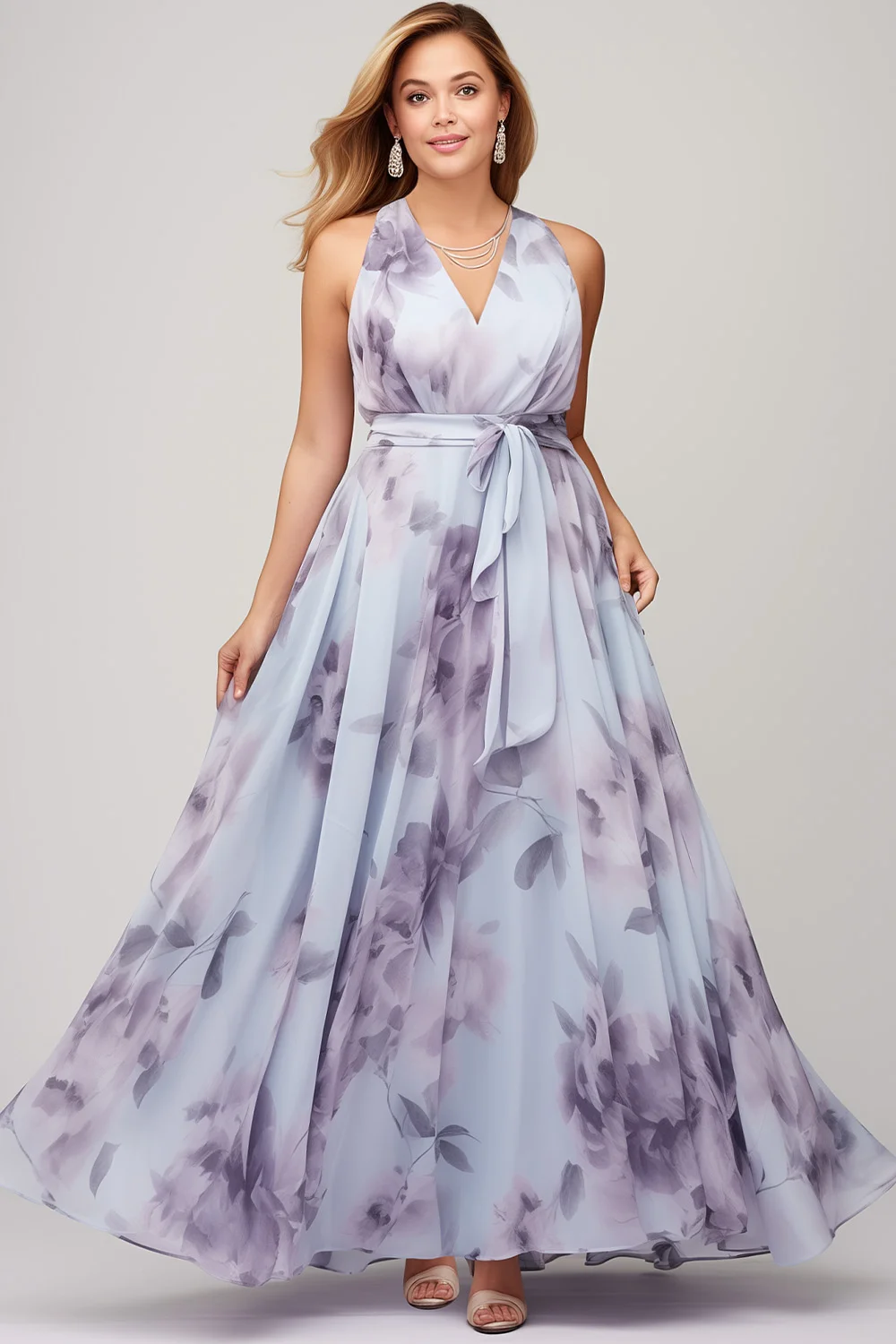 Flycurvy Plus Size Wedding Guest Light Purple Chiffon Floral Print Maxi Dress