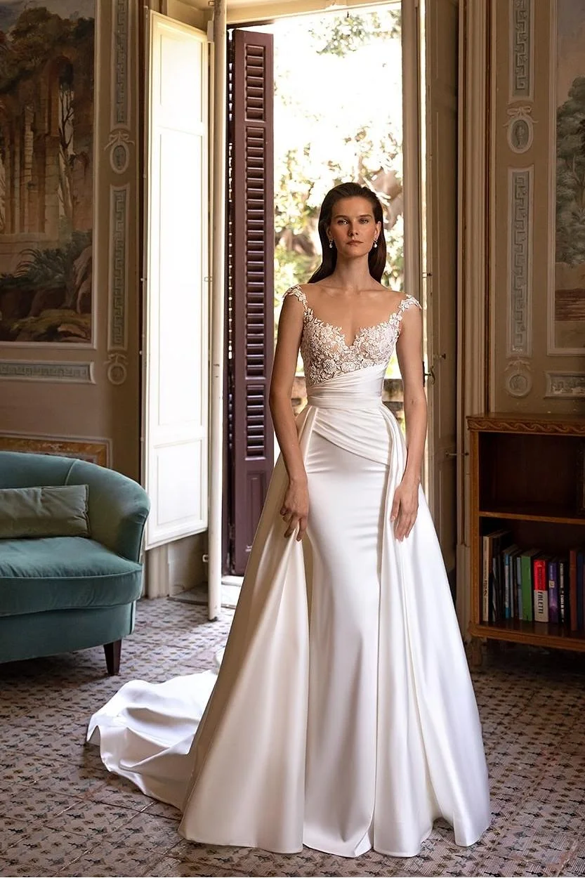 Miabel Exquisite White Satin Spaghtti Strap Sleeveless Mermaid Applique Wedding Dress with Detachable Train 