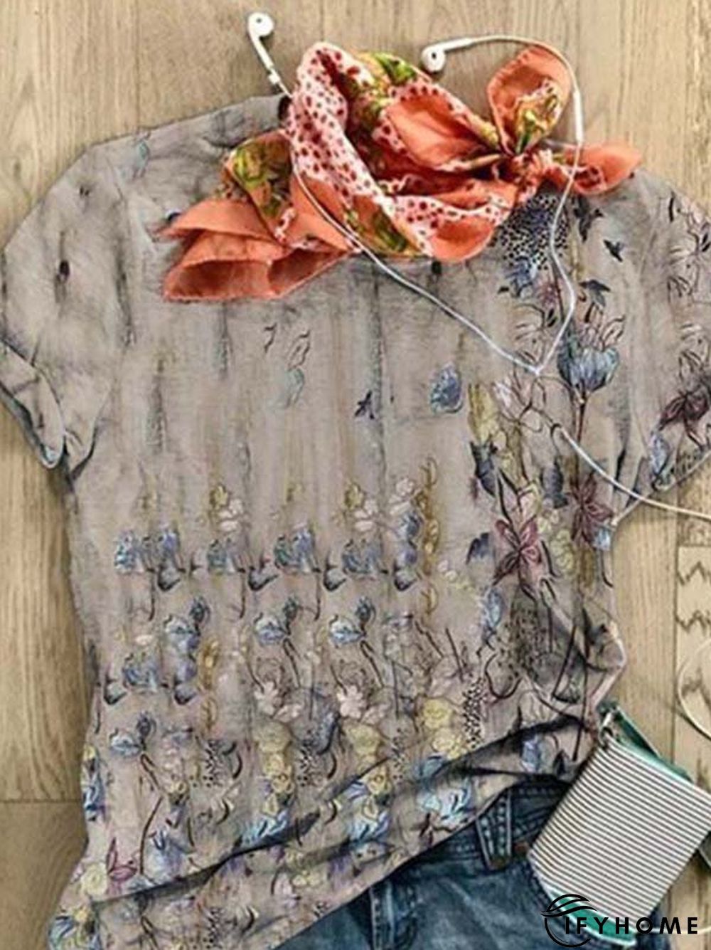 Short Sleeve Casual Crew Neck Floral-print T-shirt | IFYHOME