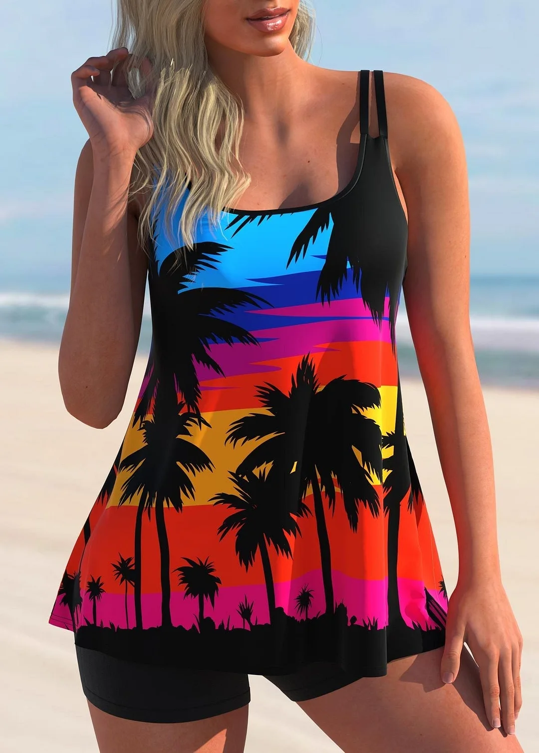 Plus Size Swimwear Sleeveless Bright Floral Printed Tankini