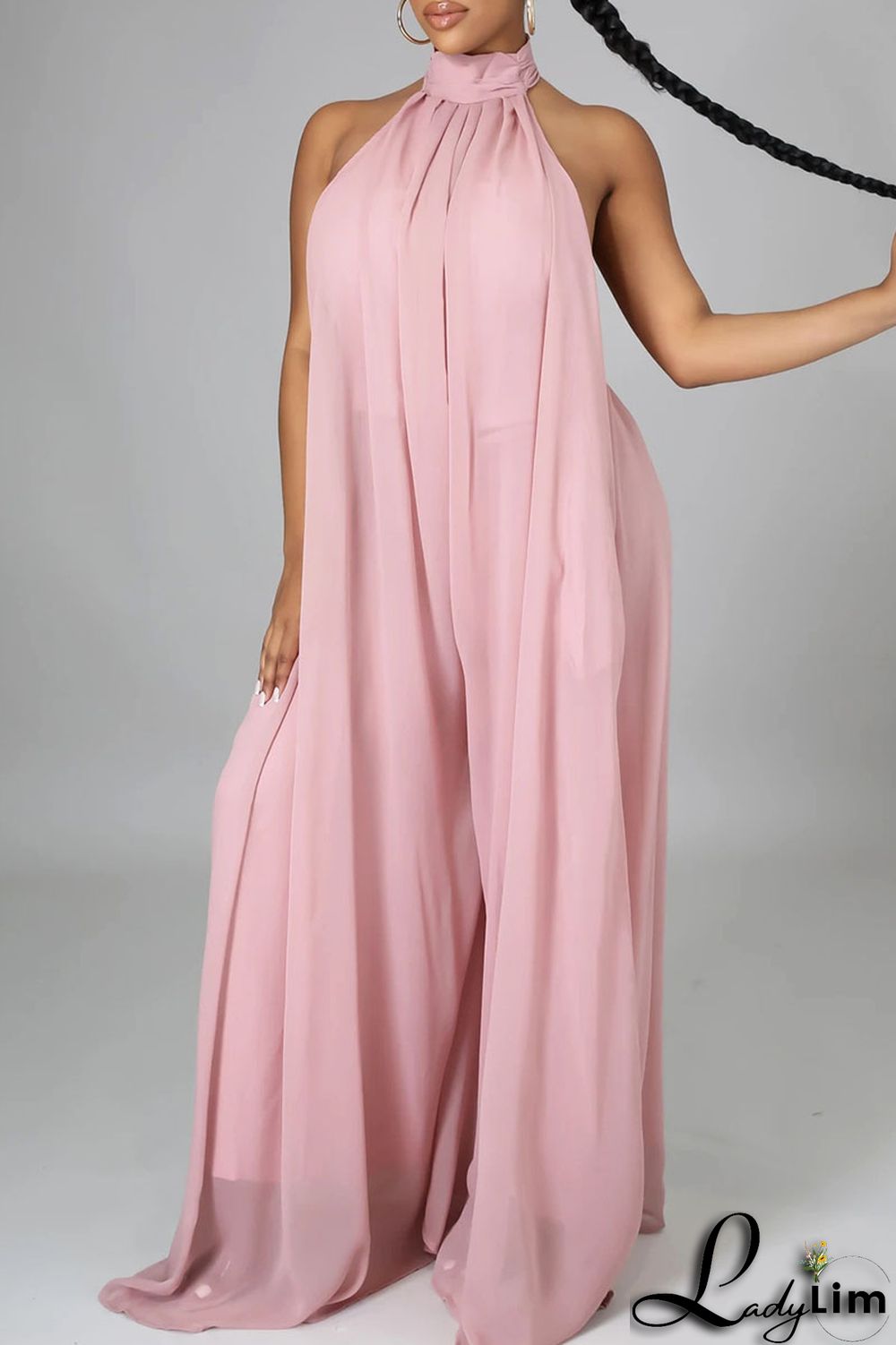 Yellow Elegant Solid Patchwork Backless Halter Straight Jumpsuits