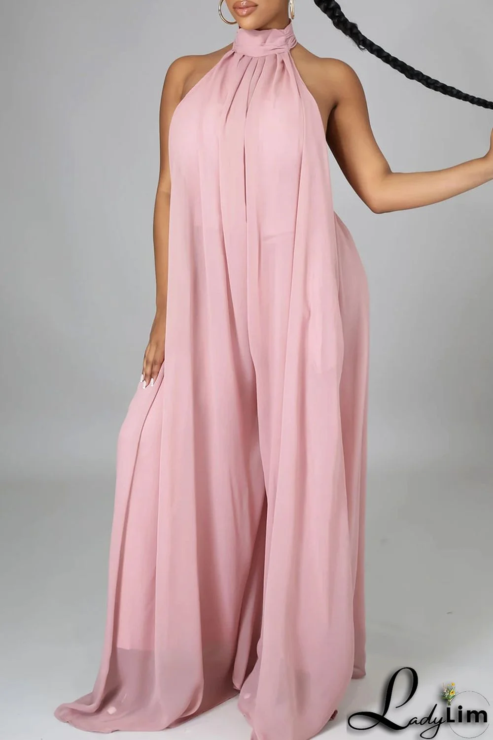 Yellow Elegant Solid Patchwork Backless Halter Straight Jumpsuits