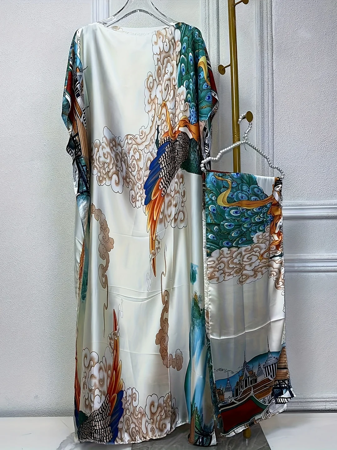 Vibrant Floral Print Women's Plus Size Batwing Sleeve Tunic Dress | Lightweight Breathable Fabric, Adjustable Belt, Loose Fit, Boat Neckline, Elegant Outfit For Casual & Semi-Formal Occasion | IFYHOME