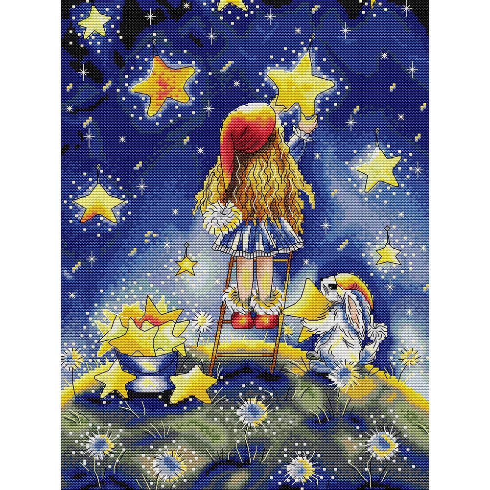 

32*41CM - 14CT Stamped Cross Stitch - Girl Picking The Stars, 501 Original