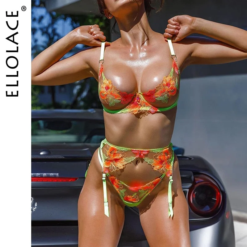 Ellolace Lingerie Set Sexy Exotic Fancy Floral Transparent Underwear Lace Sensual Push Up Underwire Bra Garters Thong Brief Sets