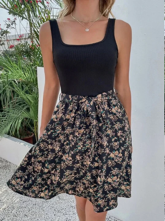 Women's Summer Casual Floral Sleeveless Retro Stitching Bohemian Midi Dress