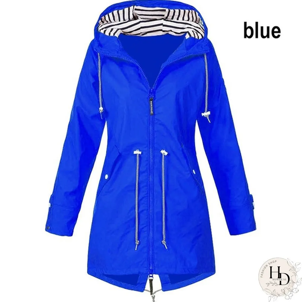 Women Waterproof Zipper Rain Jacket Solid Color Ladies Outdoor Mountaineering Lightweight Raincoats Plus Size S-5XL