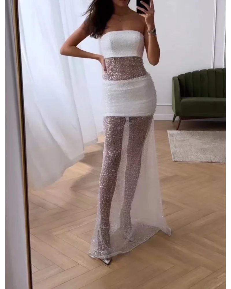 Sexy strapless see-through floor-length dress