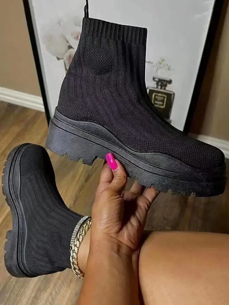 Fashion Round Toe Knit Boots