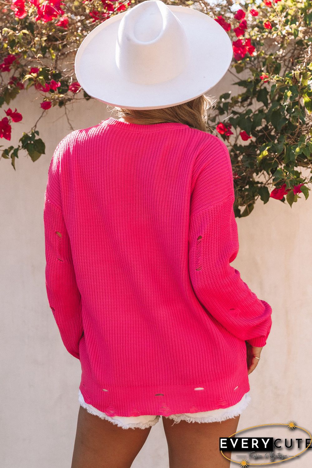 Rose Ripped Long Sleeve Ribbed Sweater