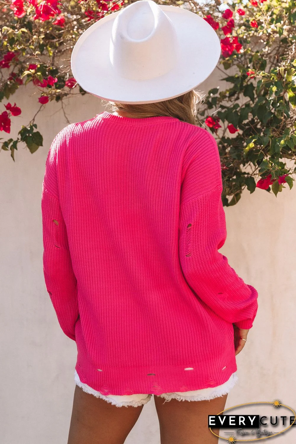 Rose Ripped Long Sleeve Ribbed Sweater