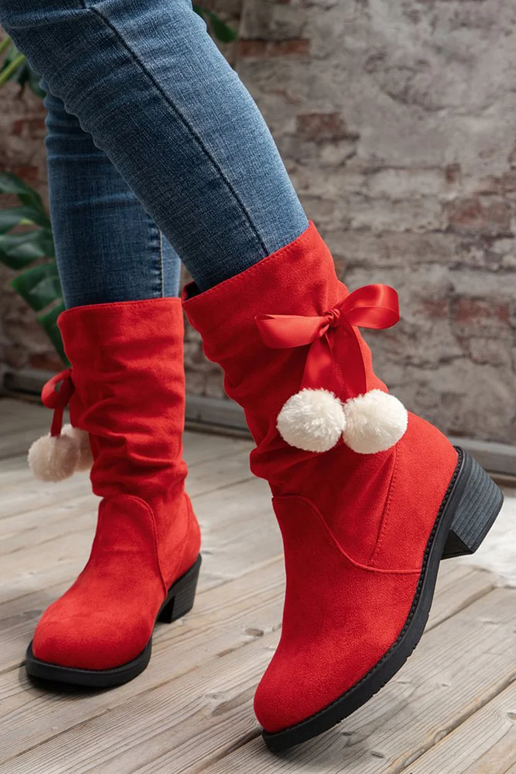 Christmas Red Bow Thick Heel Suede Fashion Boots 2024 - Xpluswear