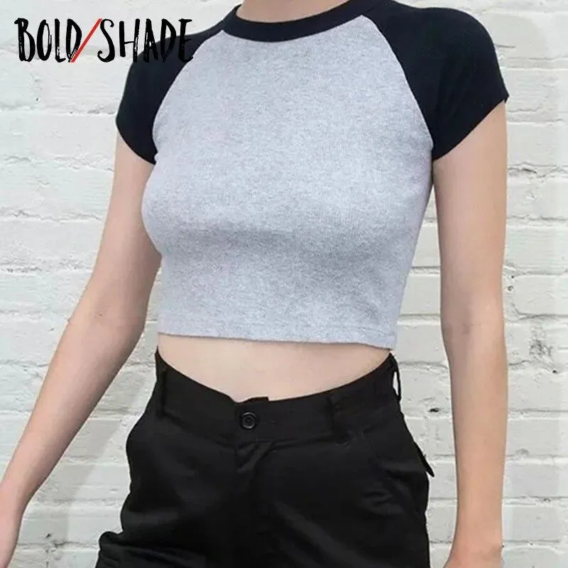 Bold Shade Grunge Street Style Vintage Tees Colorblocking Solid Crop T-shirts Indie Women Skater Fashion Slim Tshirt Basic 2021