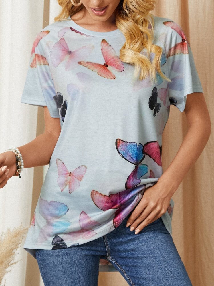 Butterflies Print Short Sleeve O neck Casual T shirt for Women P1858642