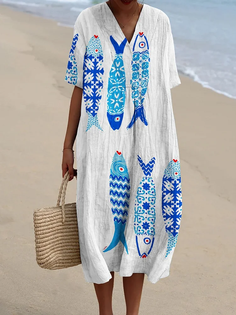 Blue Floral Fish-shaped Decorative Pattern Flowy Dress