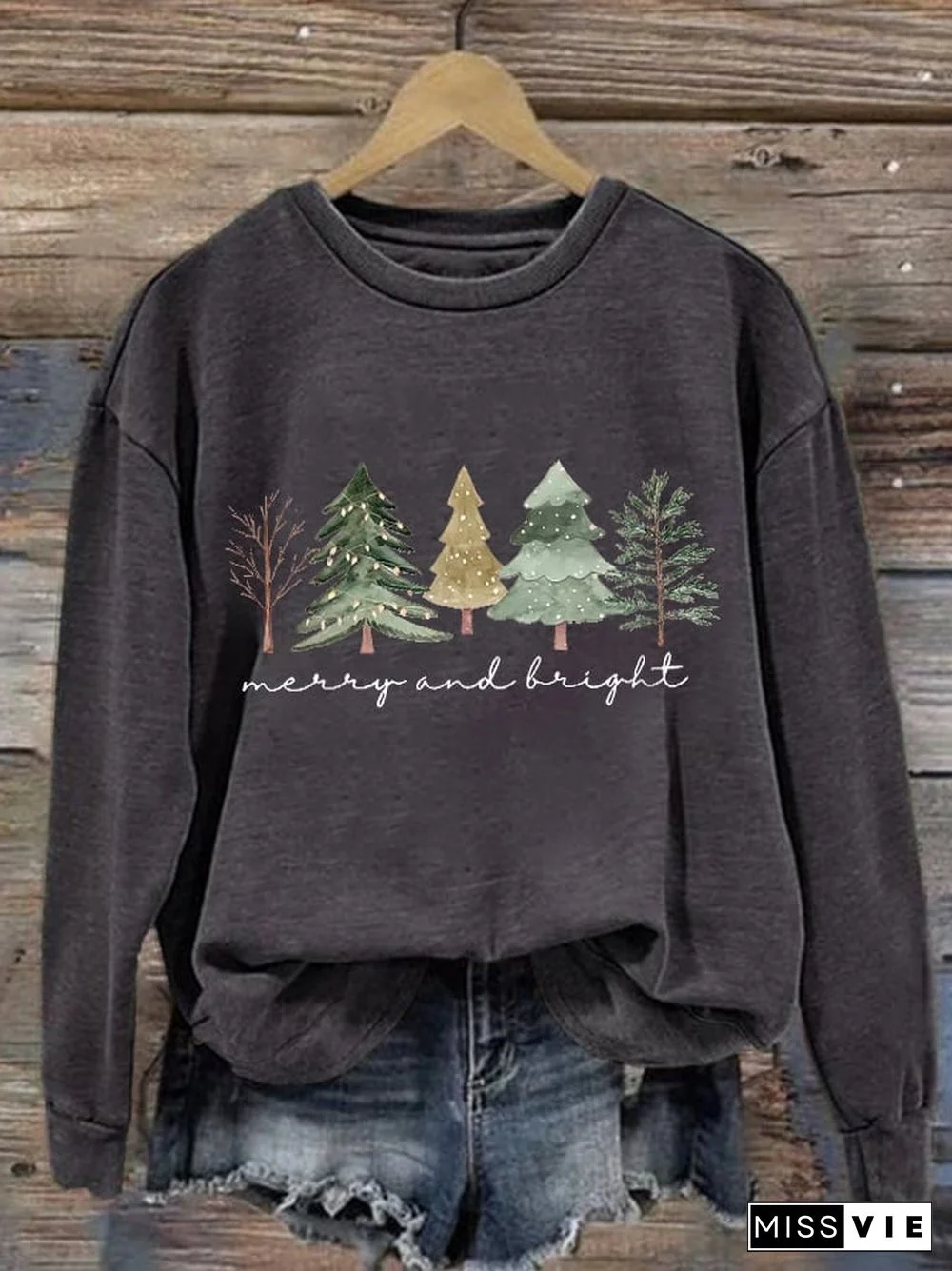 Women's Casual Merry And Bright Print Long Sleeve Sweatshirt