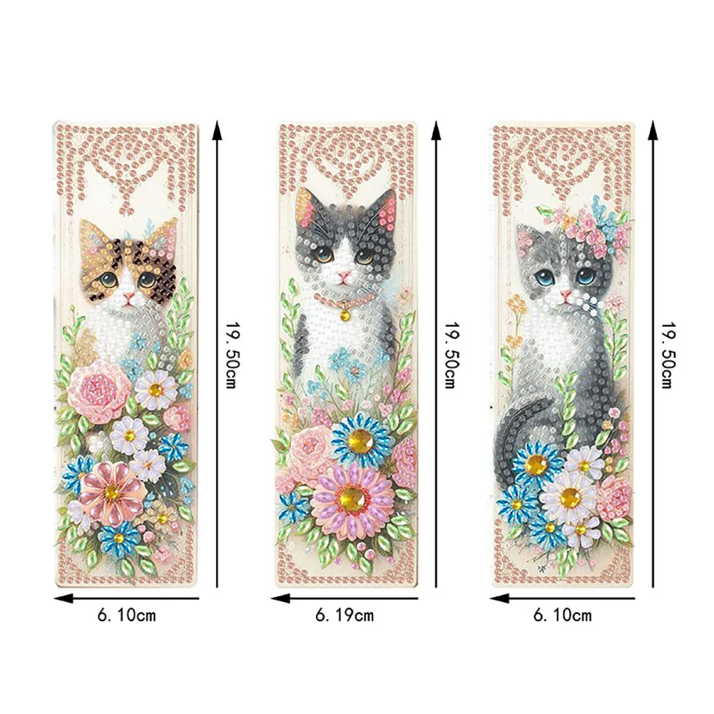 3Pcs Flower Cat DIY Special Shape Diamond Painting Bookmark for Book Lovers