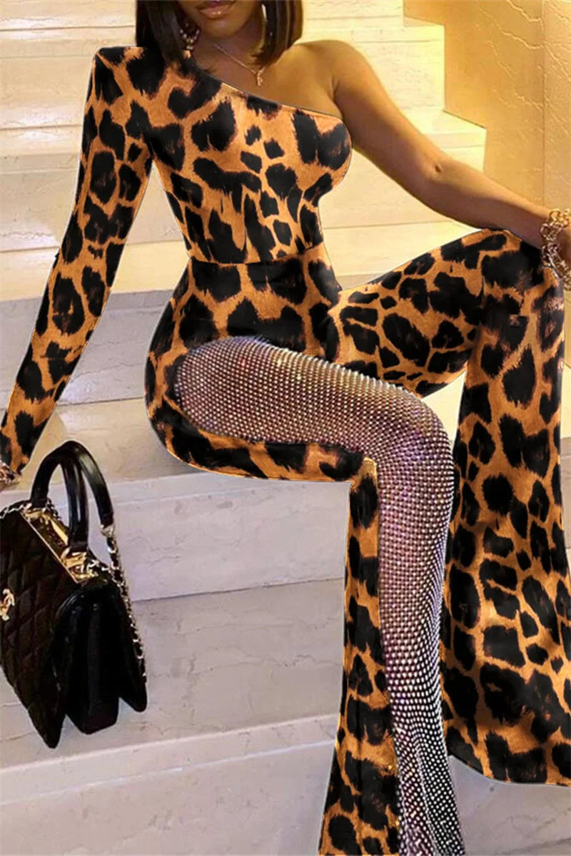 Fashion Casual Print Leopard Split Joint Backless Oblique Collar Regular Jumpsuits