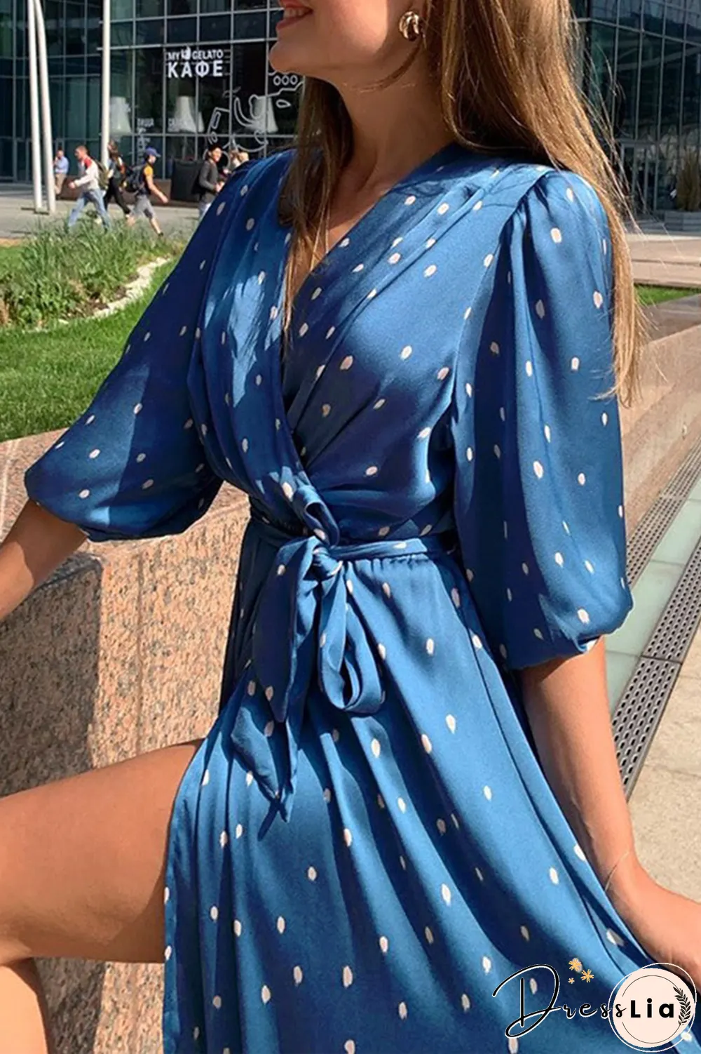 Fashion Elegant Polka Dot Split Joint With Belt V Neck Dresses