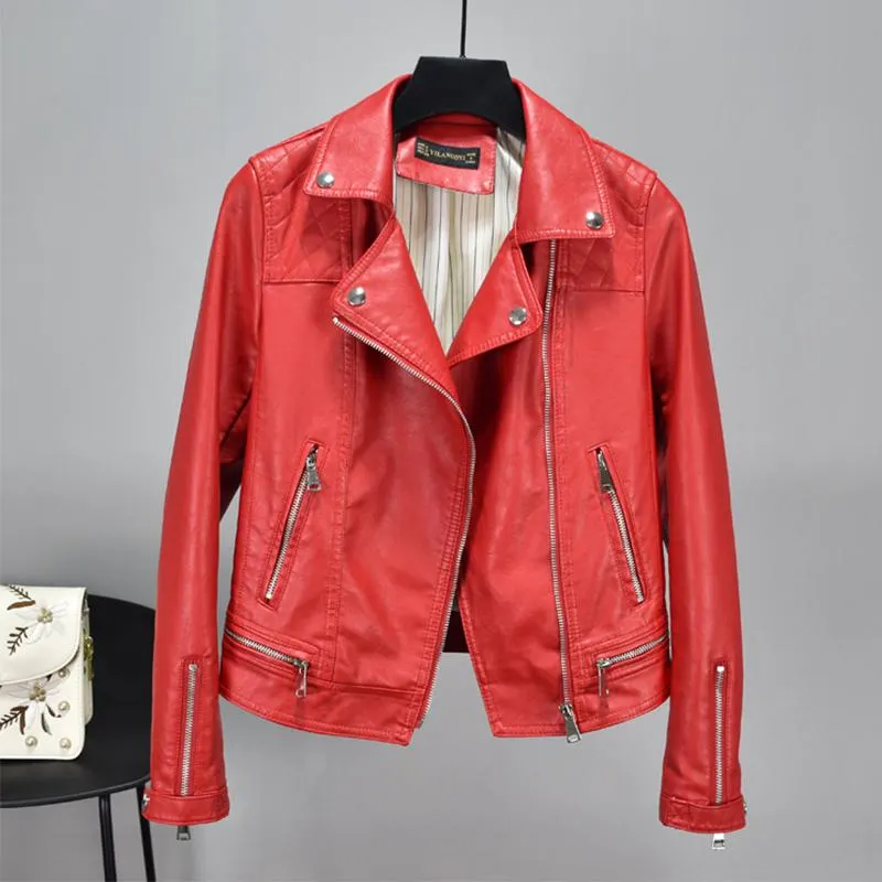 FTLZZ New Autumn Faux Soft Leather Pu Motorcycle Women Rivet Zipper Jacket Coat Female Turndown Collar Slim Biker Outerwear