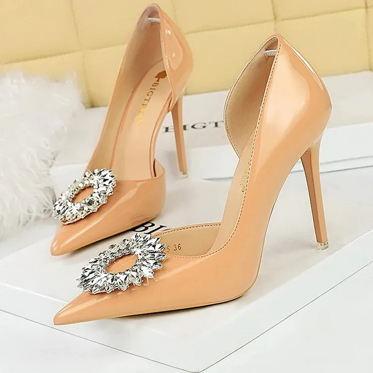 Patent Leather High Heel Pumps with Rhinestone Buckle