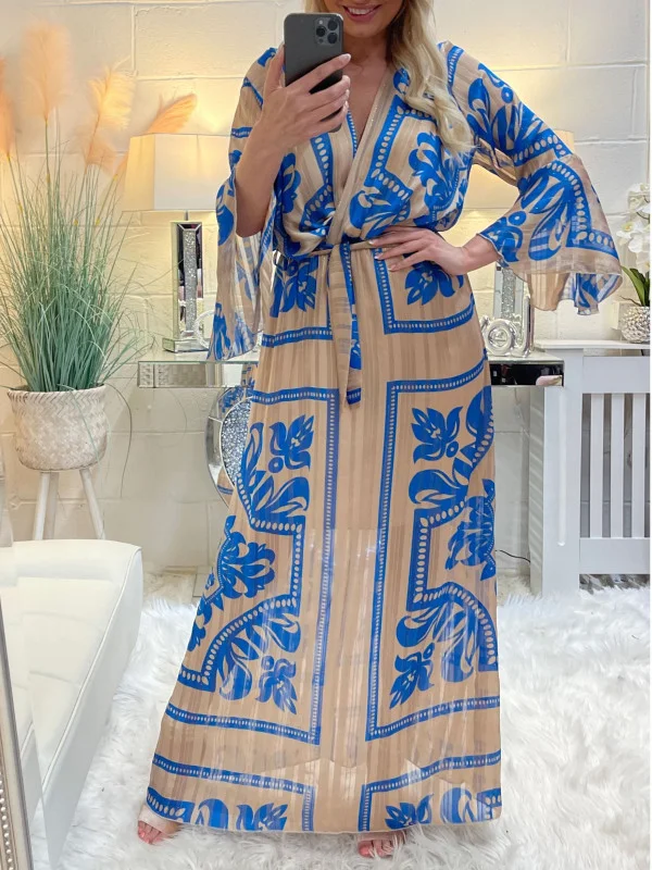 Mocha Blue Patterned Chiffon Maxi Dress