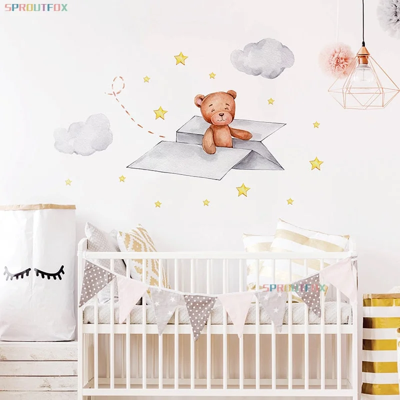 Stars Wall Stickers for Kids Rooms Little Bear on a Paper Airplane for Baby Boys Bedroom Nursery Decals Decorative
