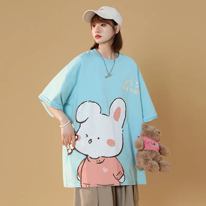 Cartoon Bunny Print Round Collar Casual T-Shirt