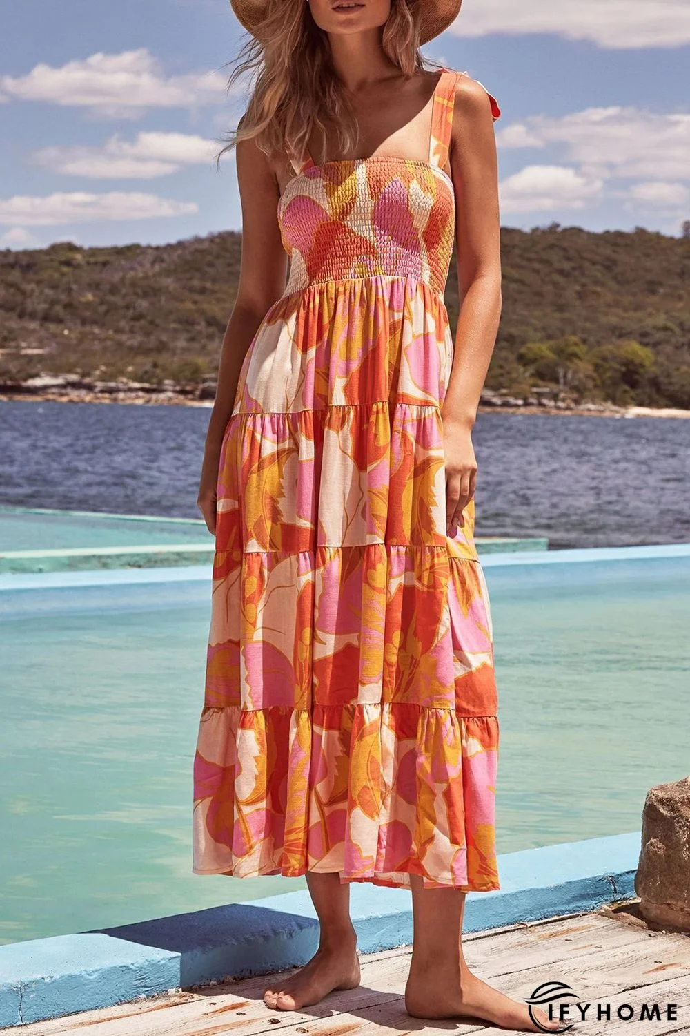 Orange Boho Print Tie Straps Smocked Maxi Dress | IFYHOME