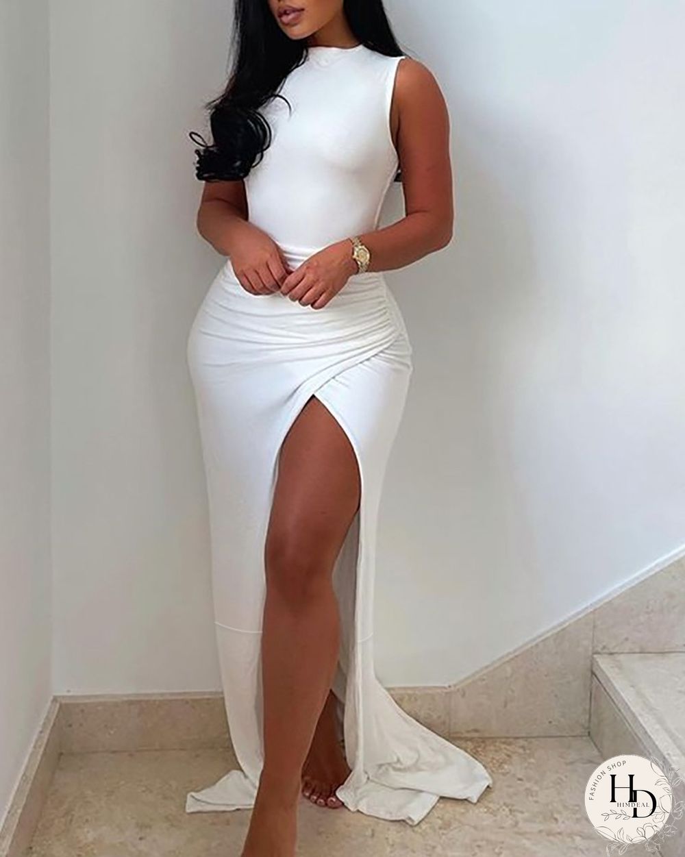 Ruched Skinny High Slit Maxi Dress