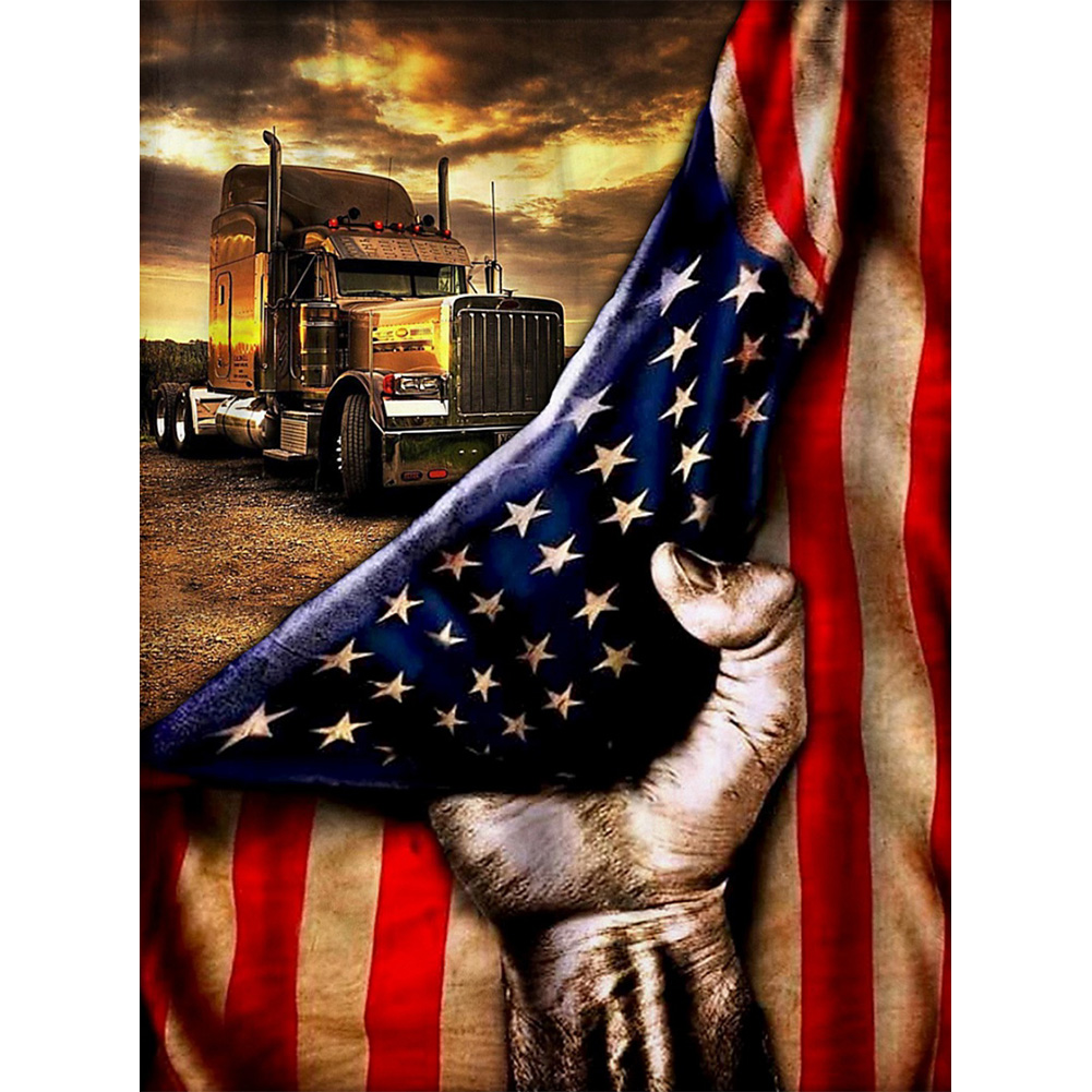 

30*40CM - Round Drill Diamond Painting - American Flag Tractor, 501 Original