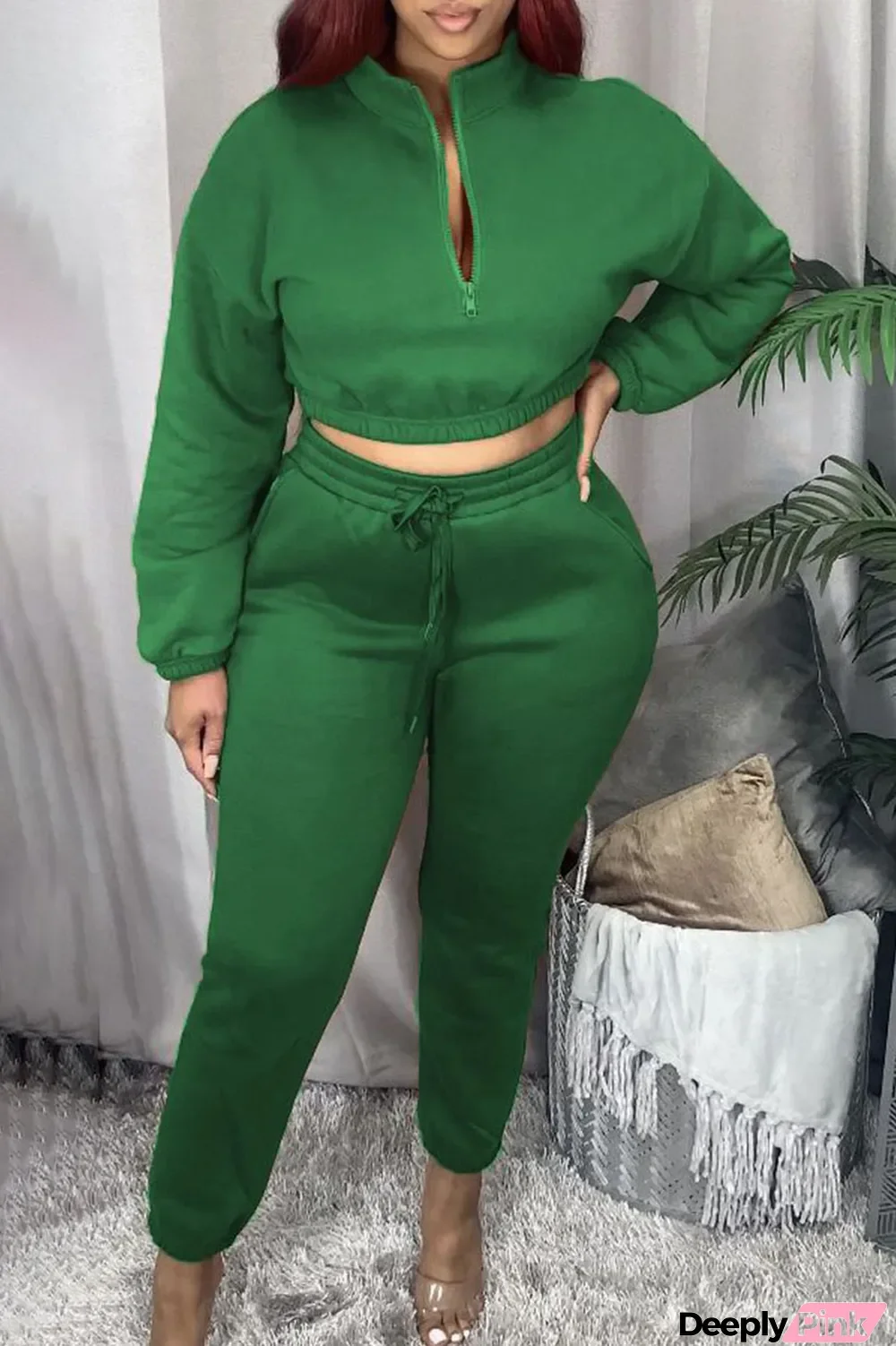 Green Casual Solid Zipper Collar Long Sleeve Two Pieces