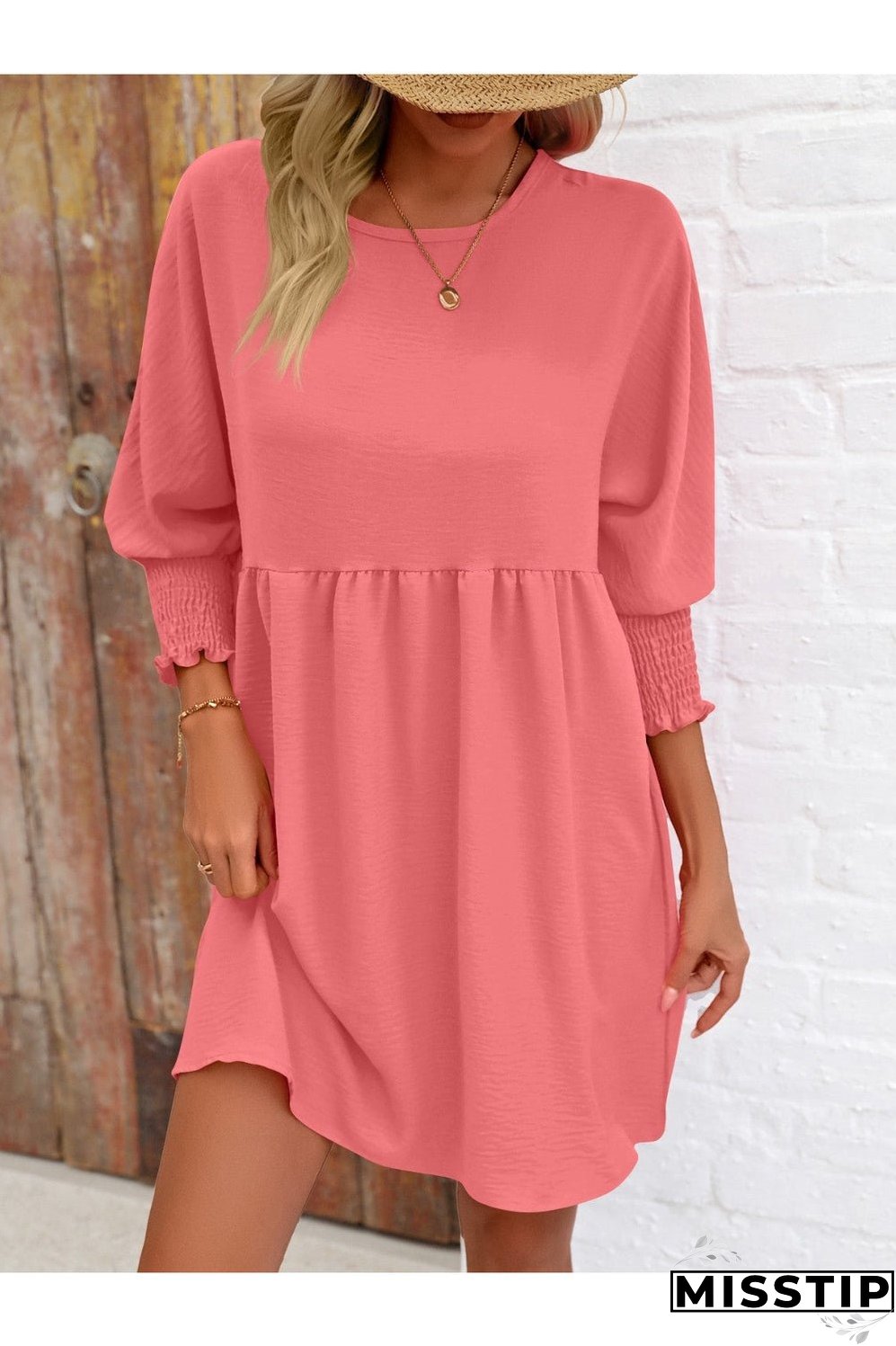 Round Neck Lantern Sleeve Mini Dress