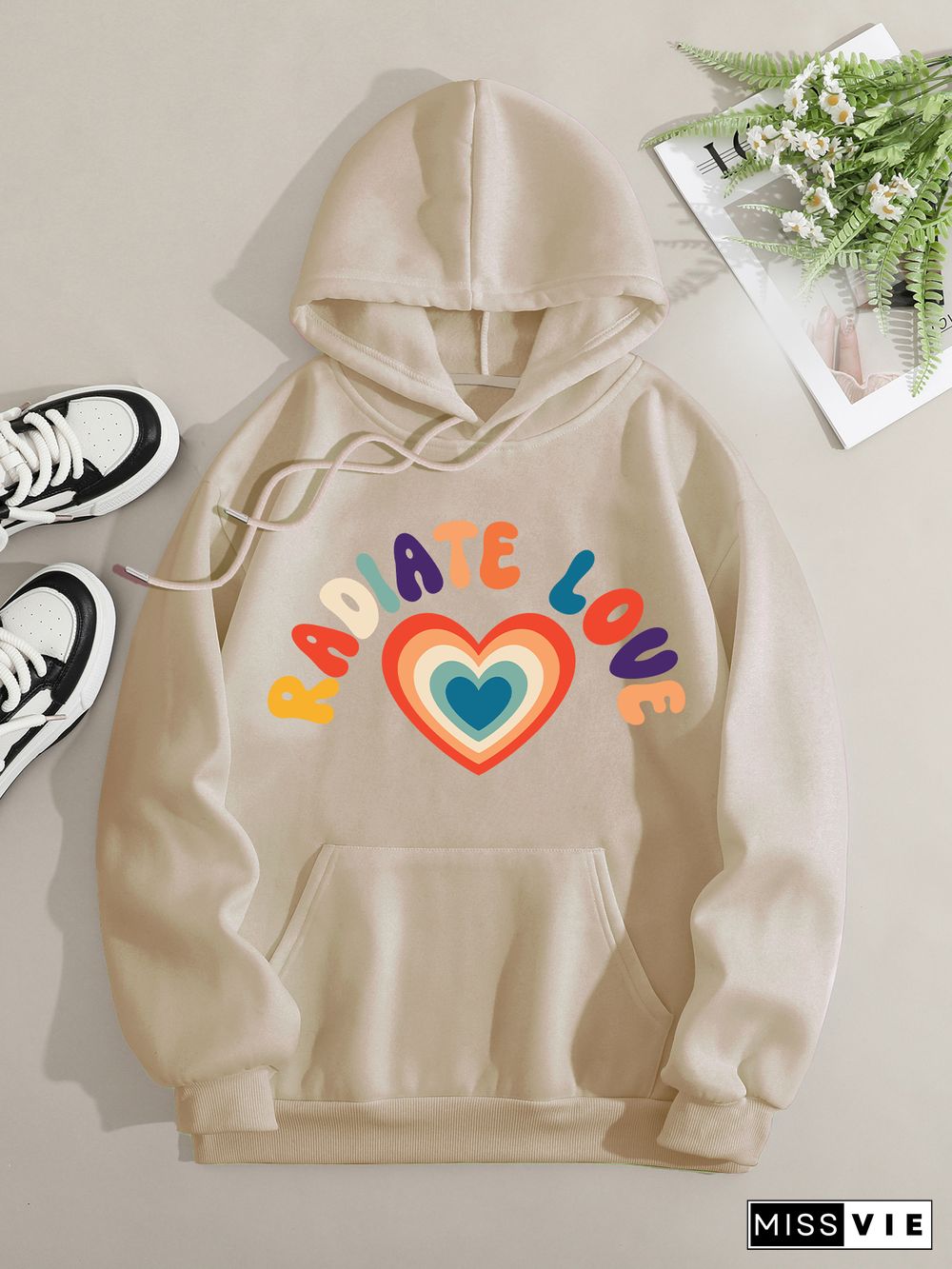 Printed on front Kangaroo Pocket Hoodie Long Sleeve for Women Pattern radiate love