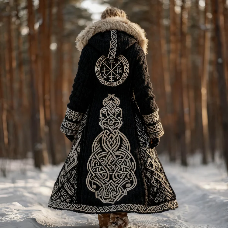 Women's Viking Rune Celtic Knot Knit Fuzzy Maxi Hooded Cardigan