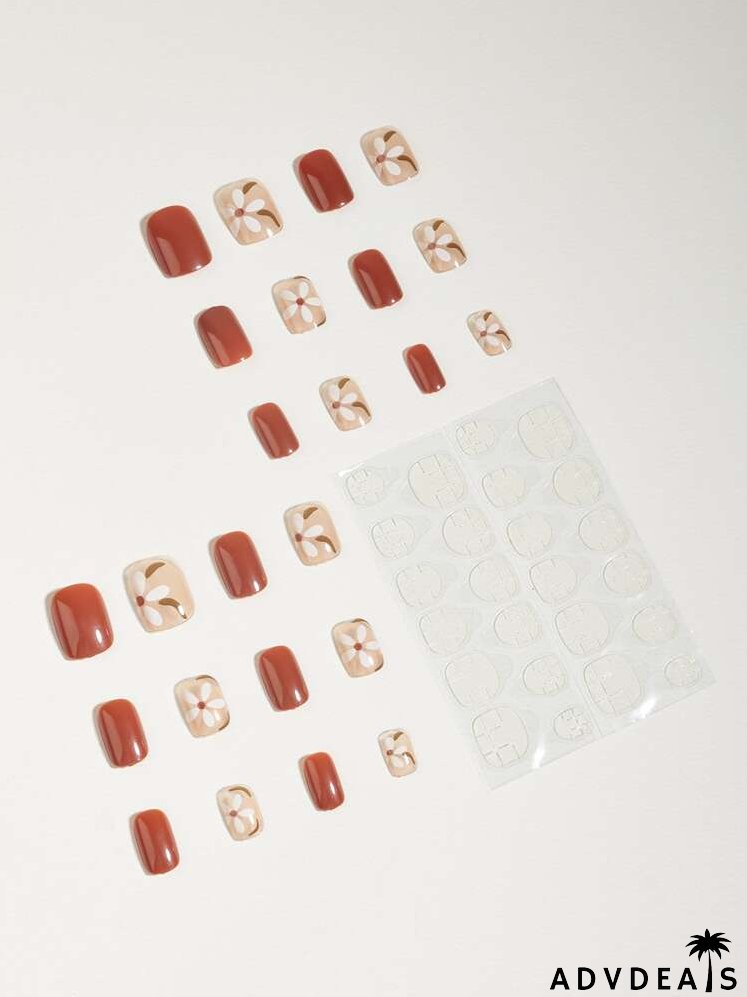 24pcs Flower Pattern Fake Nail & 1sheet Tape