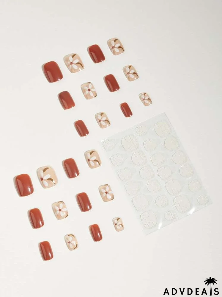 24pcs Flower Pattern Fake Nail & 1sheet Tape