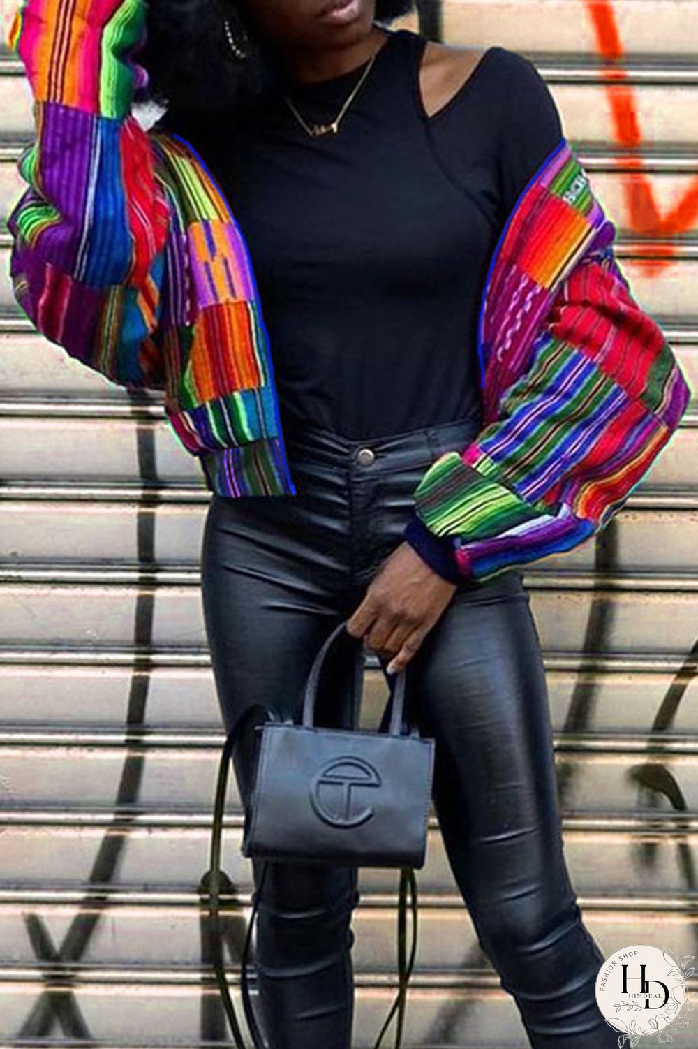 Colour Fashion Street Striped Print Split Joint Zipper Zipper Collar Outerwear
