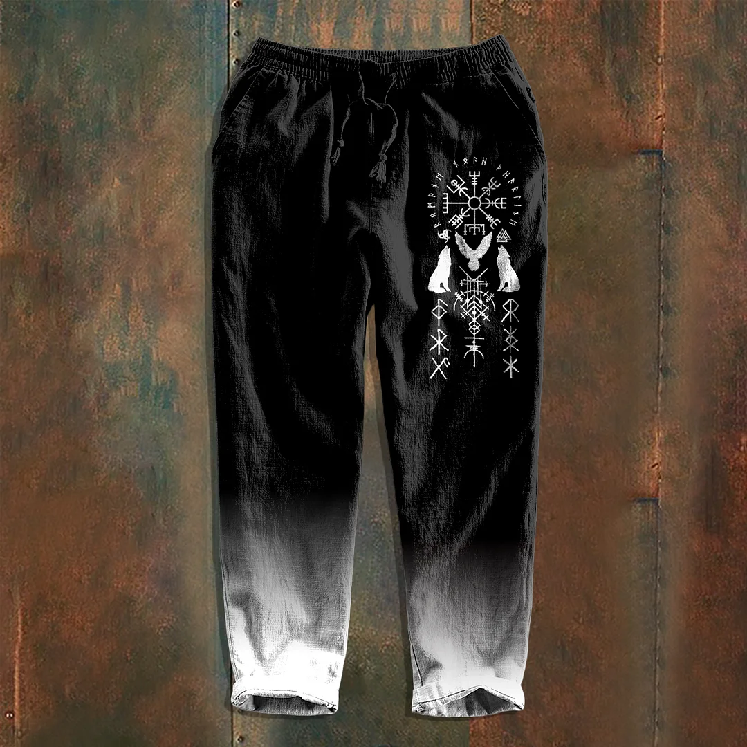 Gradient Viking Wolf Ethnic Patterns Art Linen Drawstring Trousers