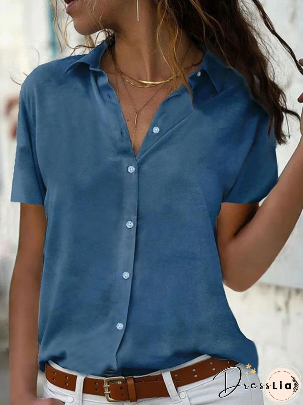 Casual Solid Lapel Loosen Short Sleeve Blouse